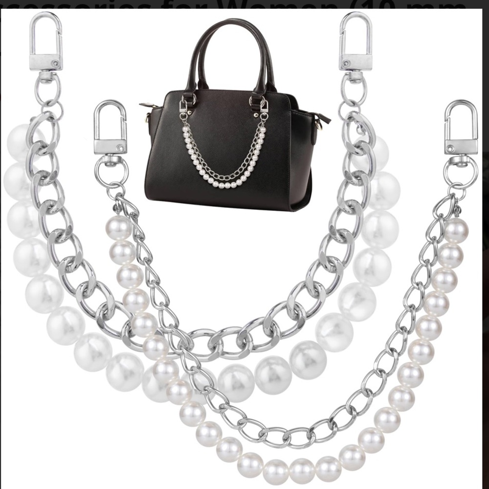 Elegant Black Handbag with Silver Chain and Pearl Accents 1pc